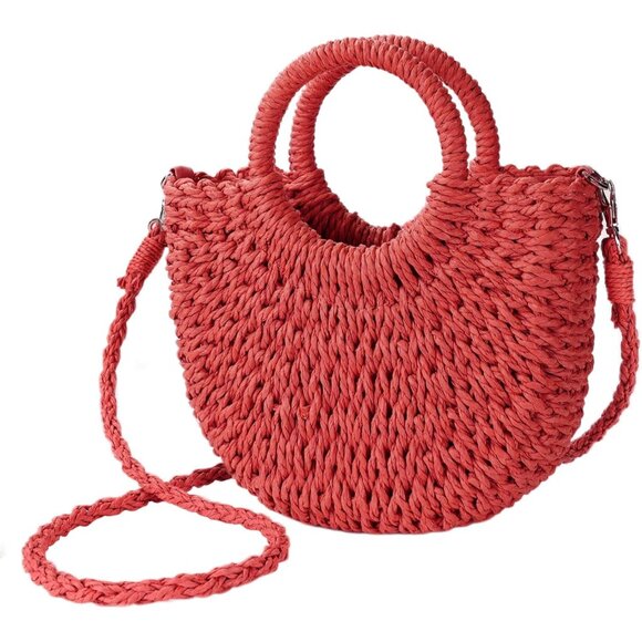 Woven Straw Beach Bag for Womem Top Handle Red Crossbody and Shoulder Strap - Picture 1 of 6